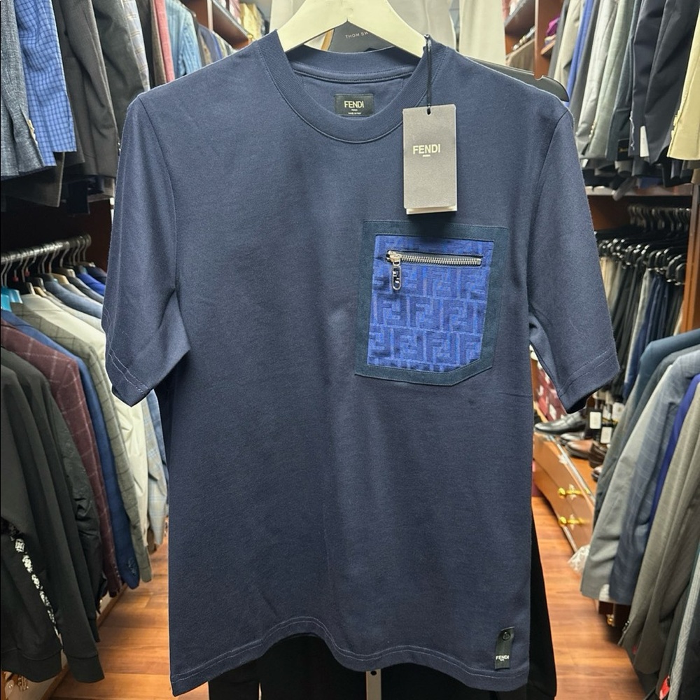 Fendi Men's Navy T-Shirt with Logo Pocket Design Zipper 100% Baumville